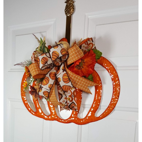 Orange Enamel Fall Pumpkin Wreath,‎ Fall Halloween Decor,  Sunflowers & Leaves - Picture 6 of 8